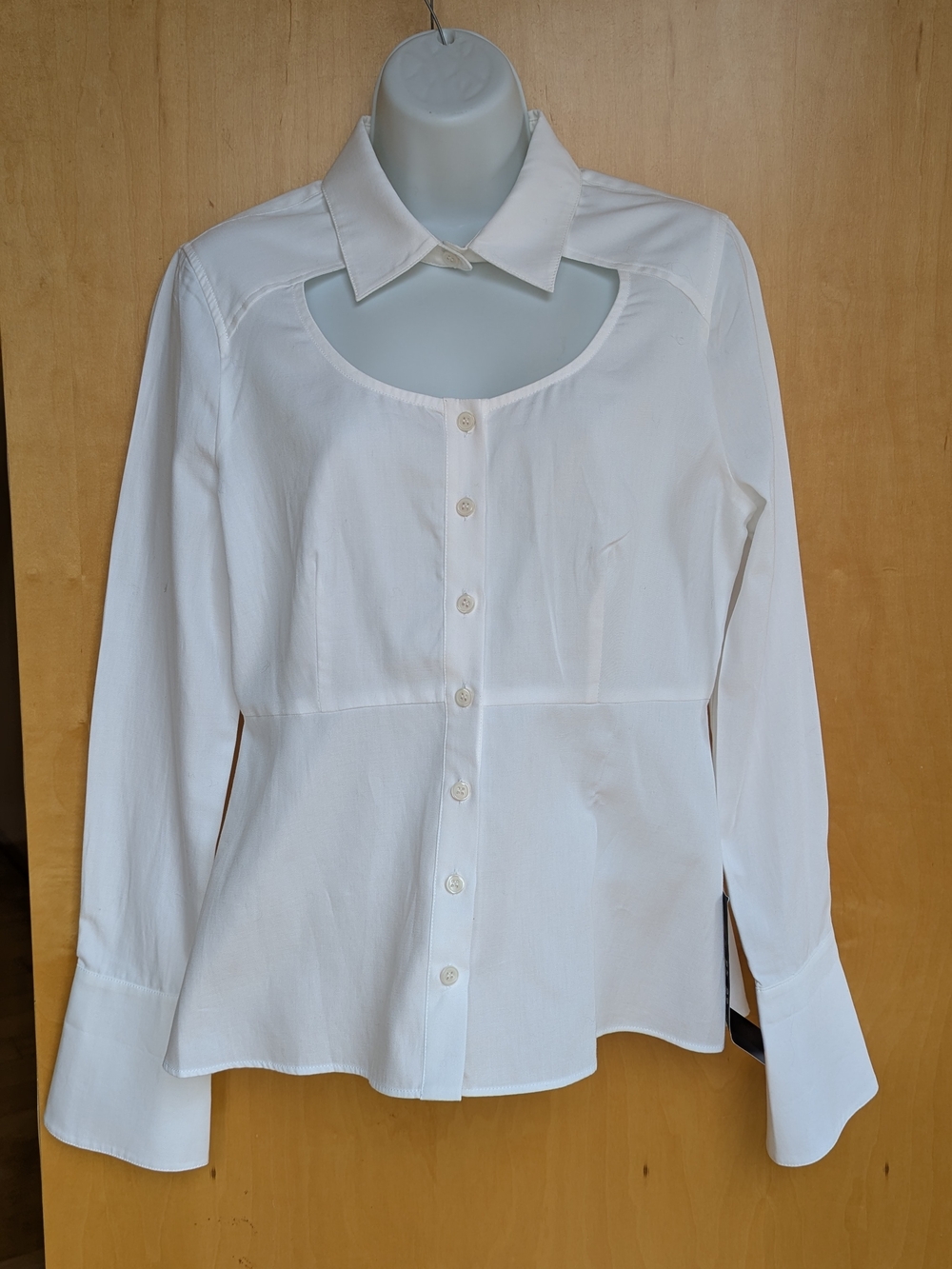 BCBG Bahari White Cutout Collar Button-Down Blouse